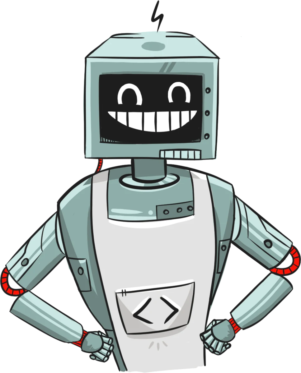 Jo, the SyCel robot mascot, standing with hands on hips